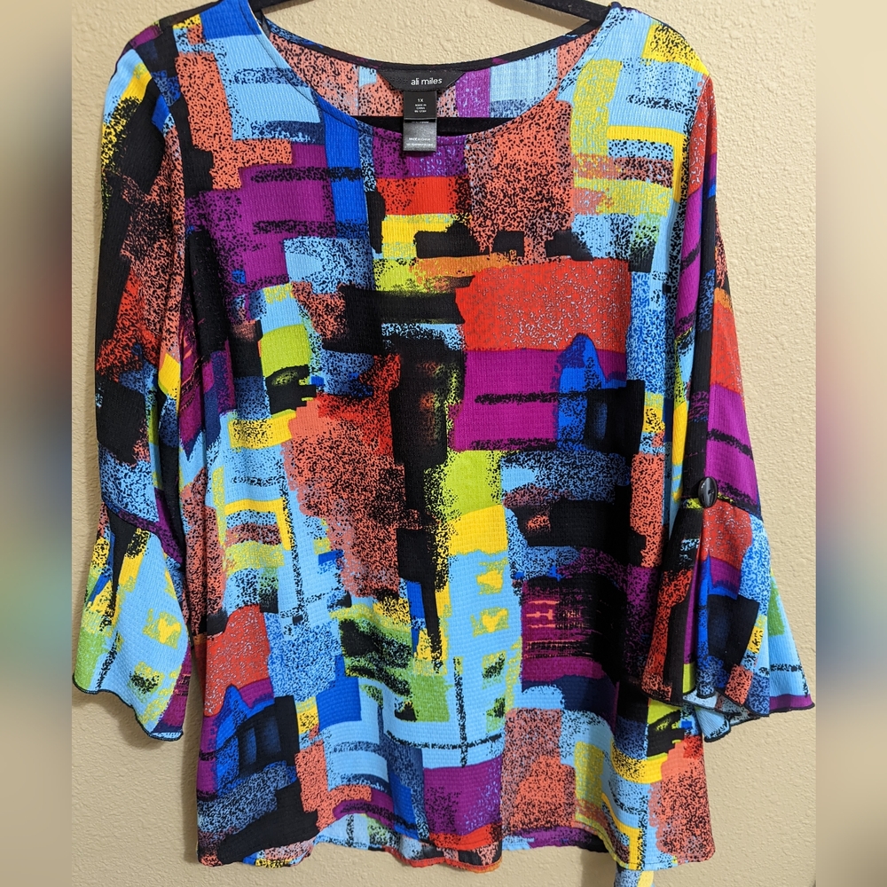 Ali Miles Womens Size 1X Colorful Wearable Art Shirt Top Abstract